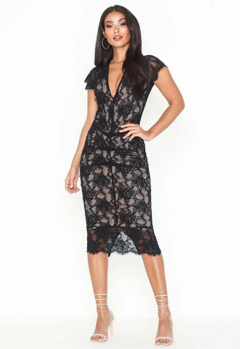 Honor Gold Black Nude Arianna Lace Midi Dress