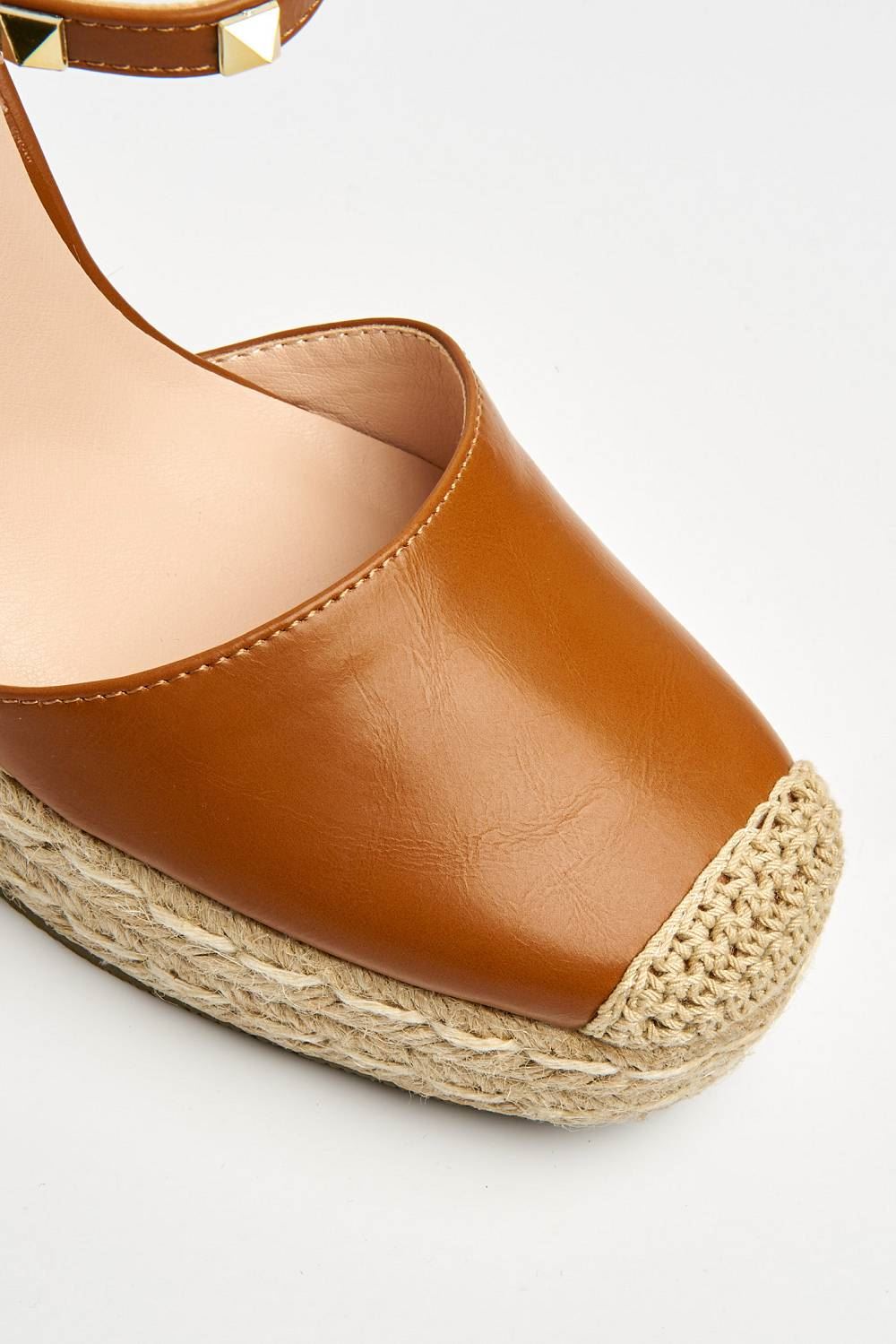 Alala Round Toe Studded Anklestrap Espadrille Wedge in Tan Heels Miss Diva