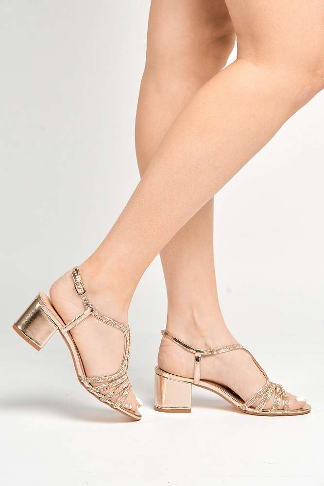 Miss Diva Amanda 3 Diamante Strap T-bar Block Heel Sandal in Gold