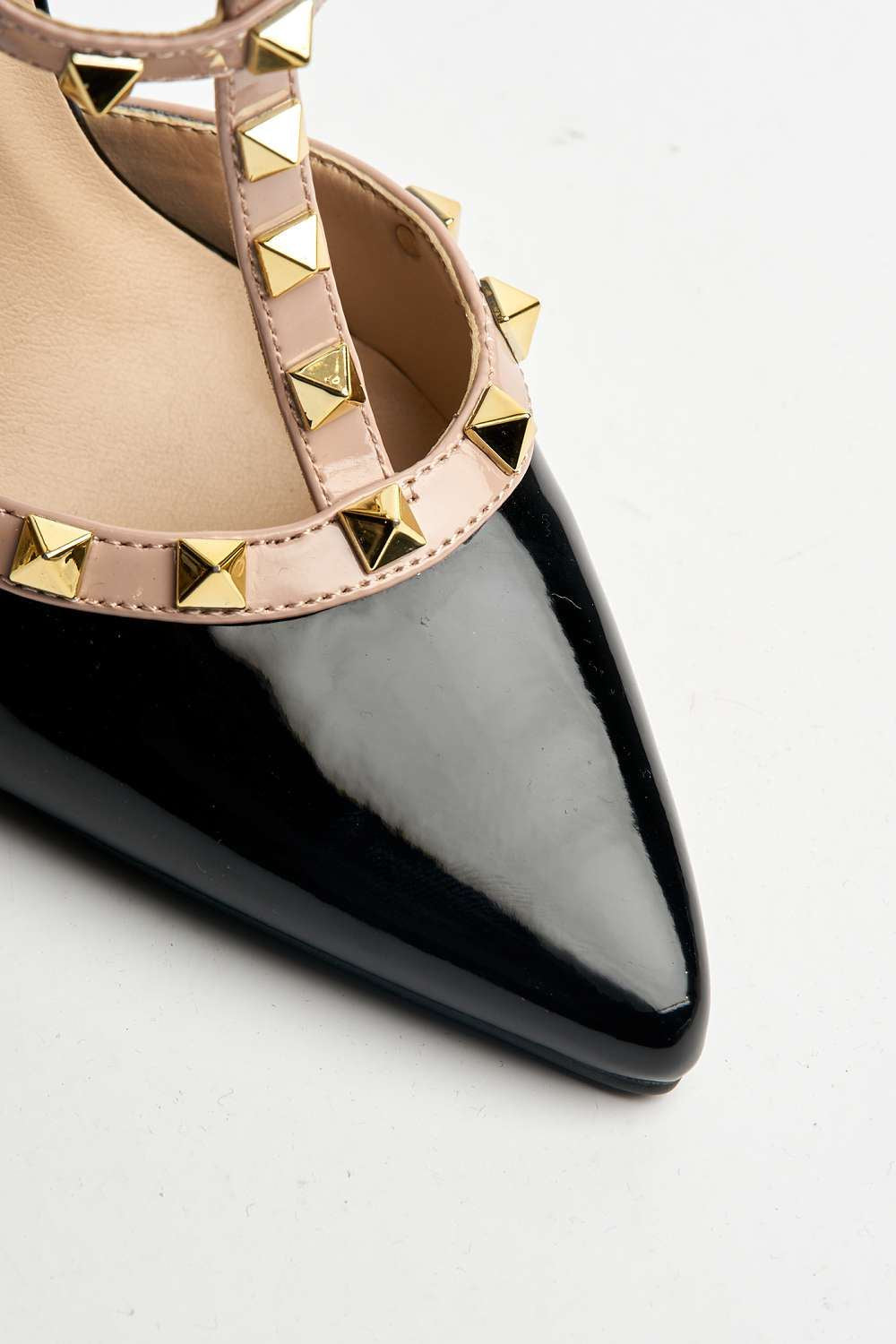 Miss Diva Paya Pointed Toe Studded Ankle Strap Court Shoes in Black Patent