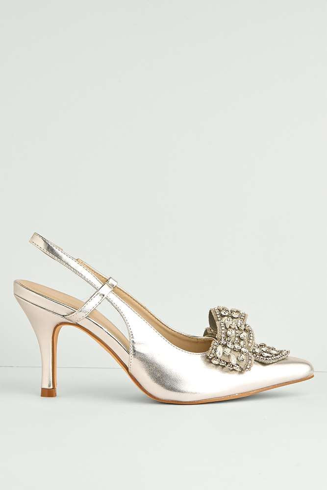 Celia Diamante Bow Pointed Toe Slingback Court Shoes in Silver