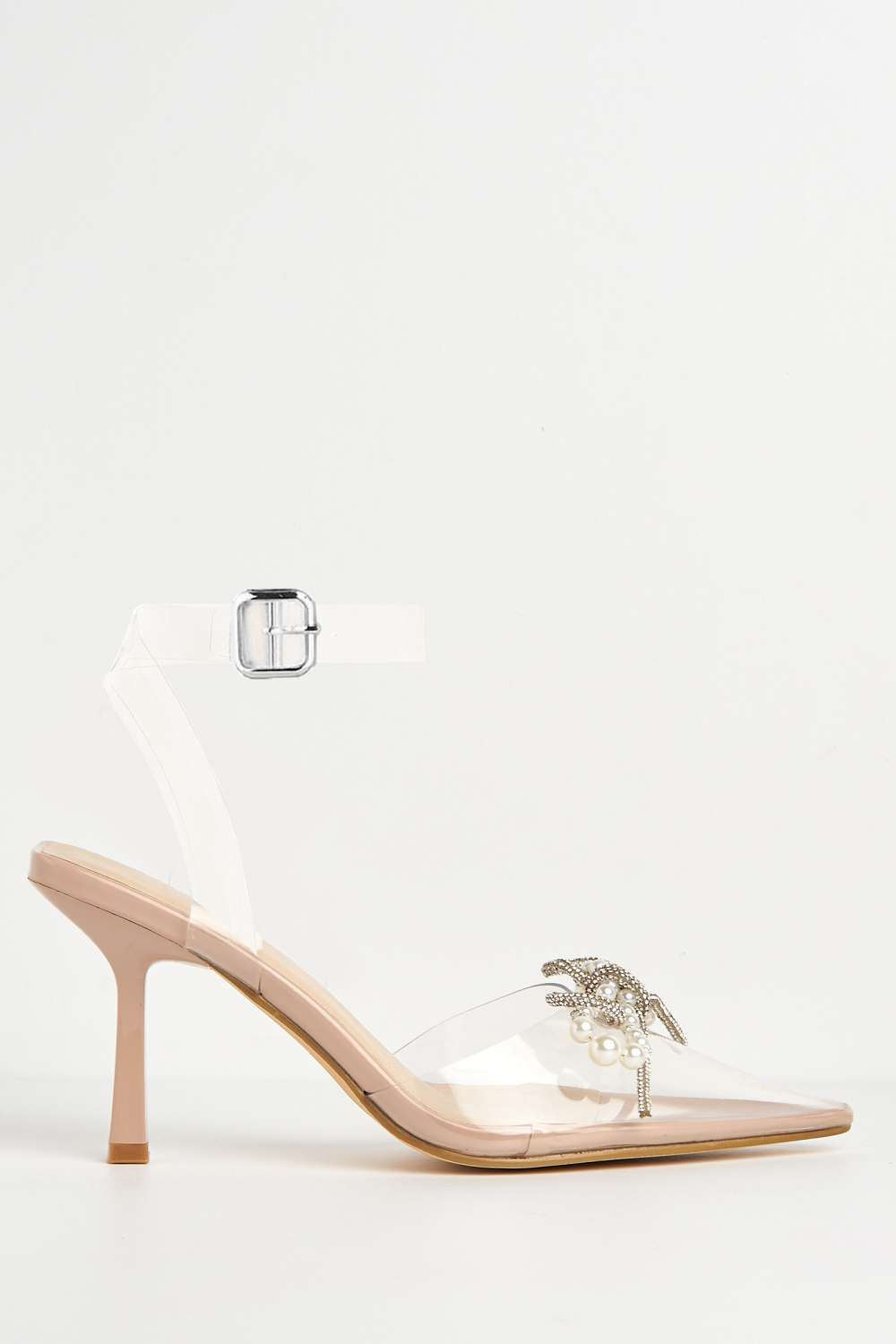 Orkide Diamante Bow and Pearl Detail Perspex Court Shoes in Nude Patent