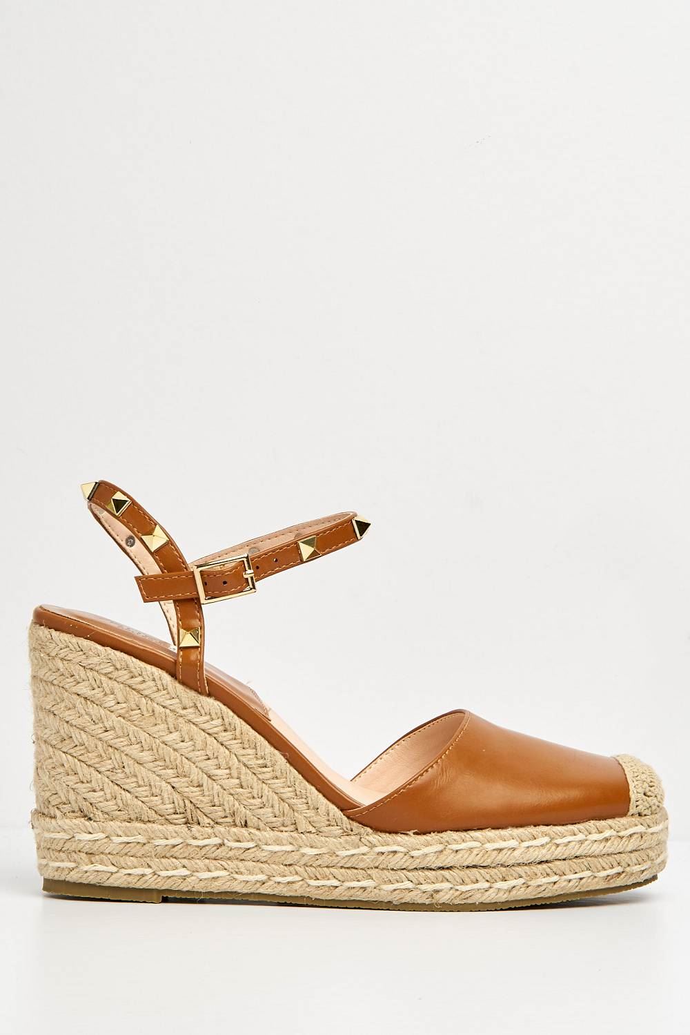 Alala Round Toe Studded Anklestrap Espadrille Wedge in Tan Heels Miss Diva