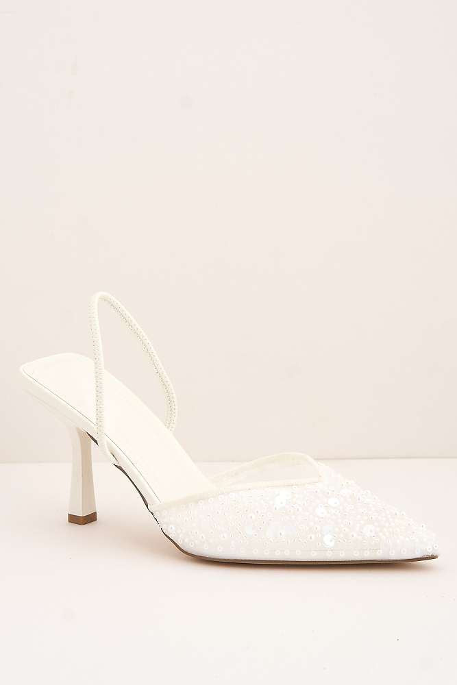 Jasmina Sequin & Bead Embellished Mesh Slingback Court Shoes in White