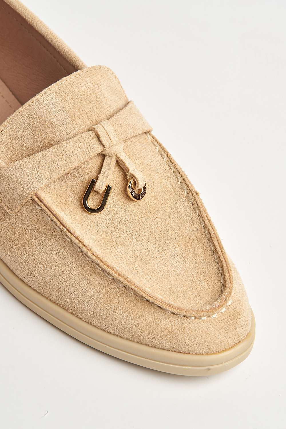 Miss Diva Tonya Charm Detail Slip-On Faux Suede Loafers in Beige