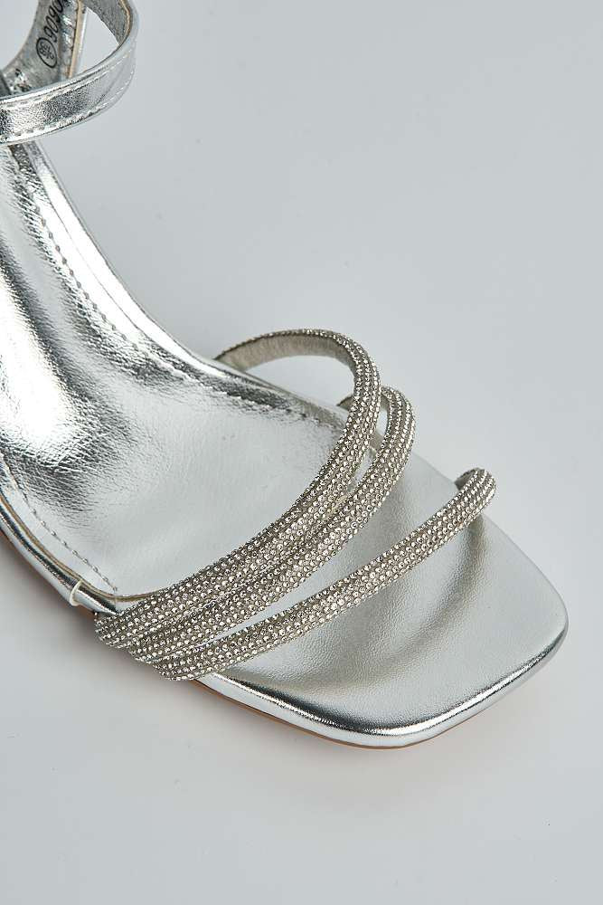 Mariella 3 Diamante Band Anklestrap Low Heeled Sandals in Silver