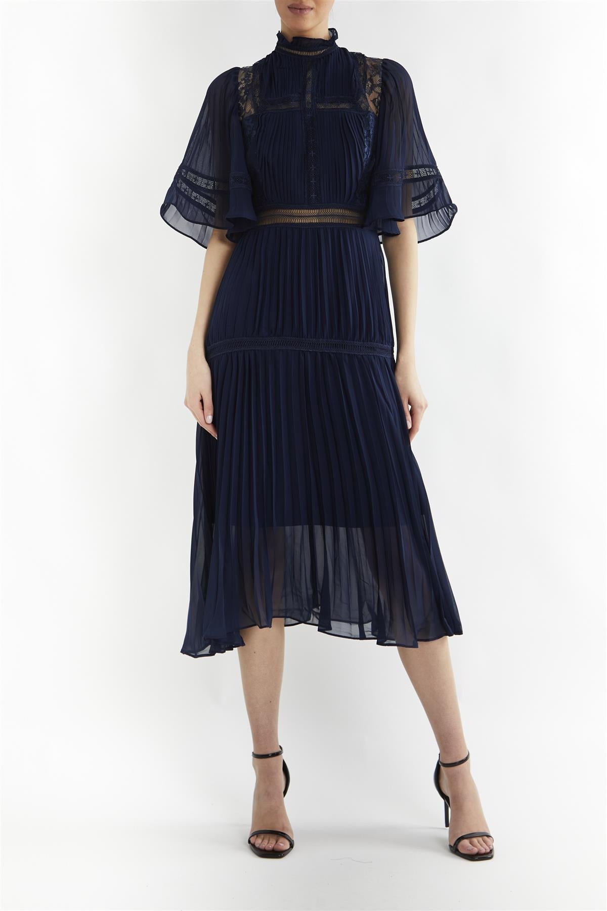 Ellie Navy Mixed Lace Pleated Midi Dress-image-3