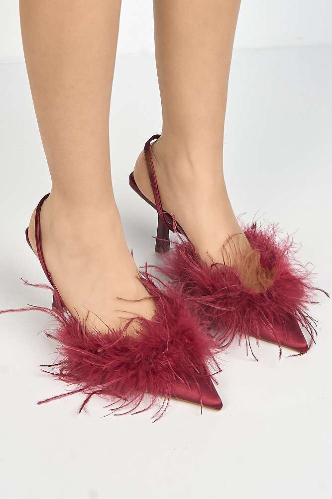 Aisla Pointed Toe Feather Slingback Court Shoes in Red