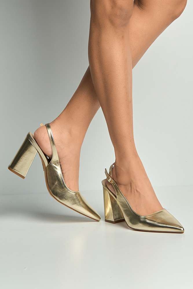 Kayra Pointed Toe Slingback Block Heel Court Shoes in Gold