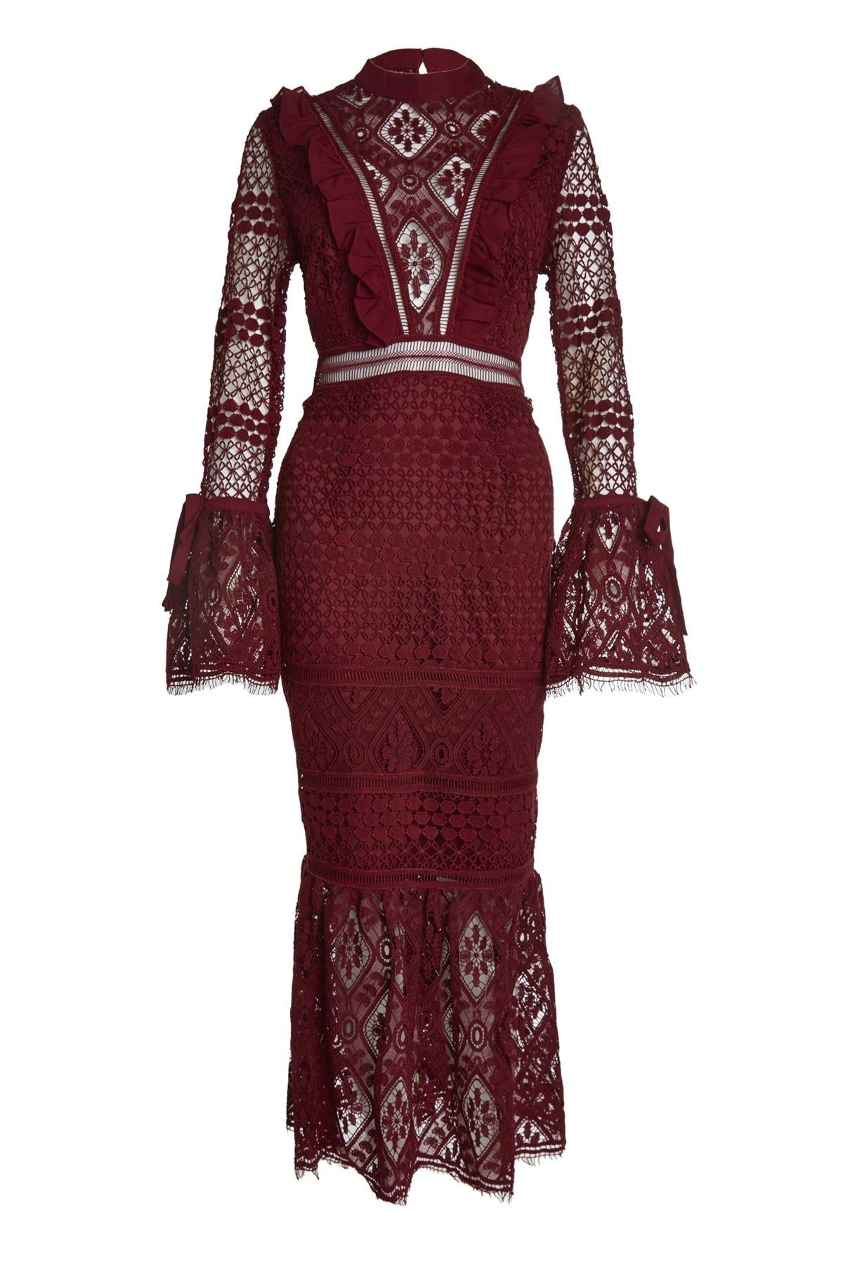 True Decadence Burgundy Jenna Peplum-Sleeve Lace Midi Dress