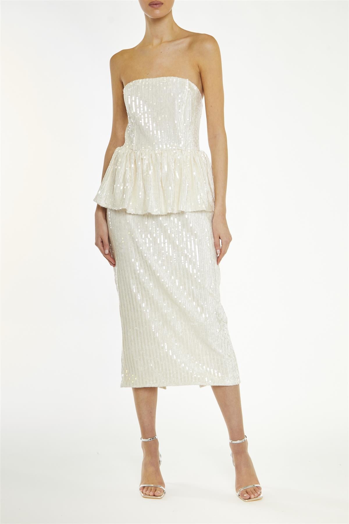 True Decadence Clear-Nude Alyssa Sequin Bandeau Peplum Midi-Dress