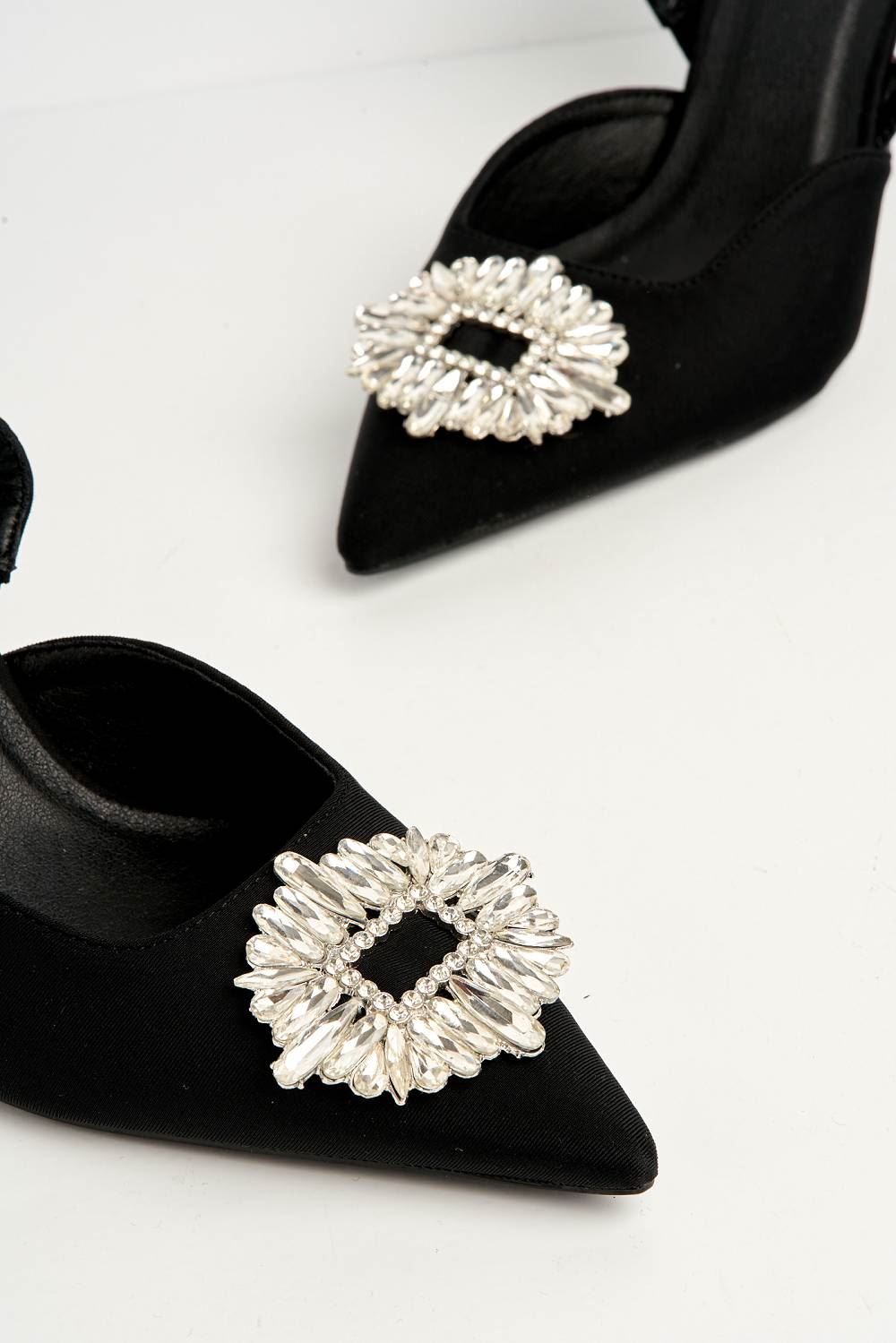 Miss Diva Amira Diamante Brooch Sling Back Court Shoes in Black Satin