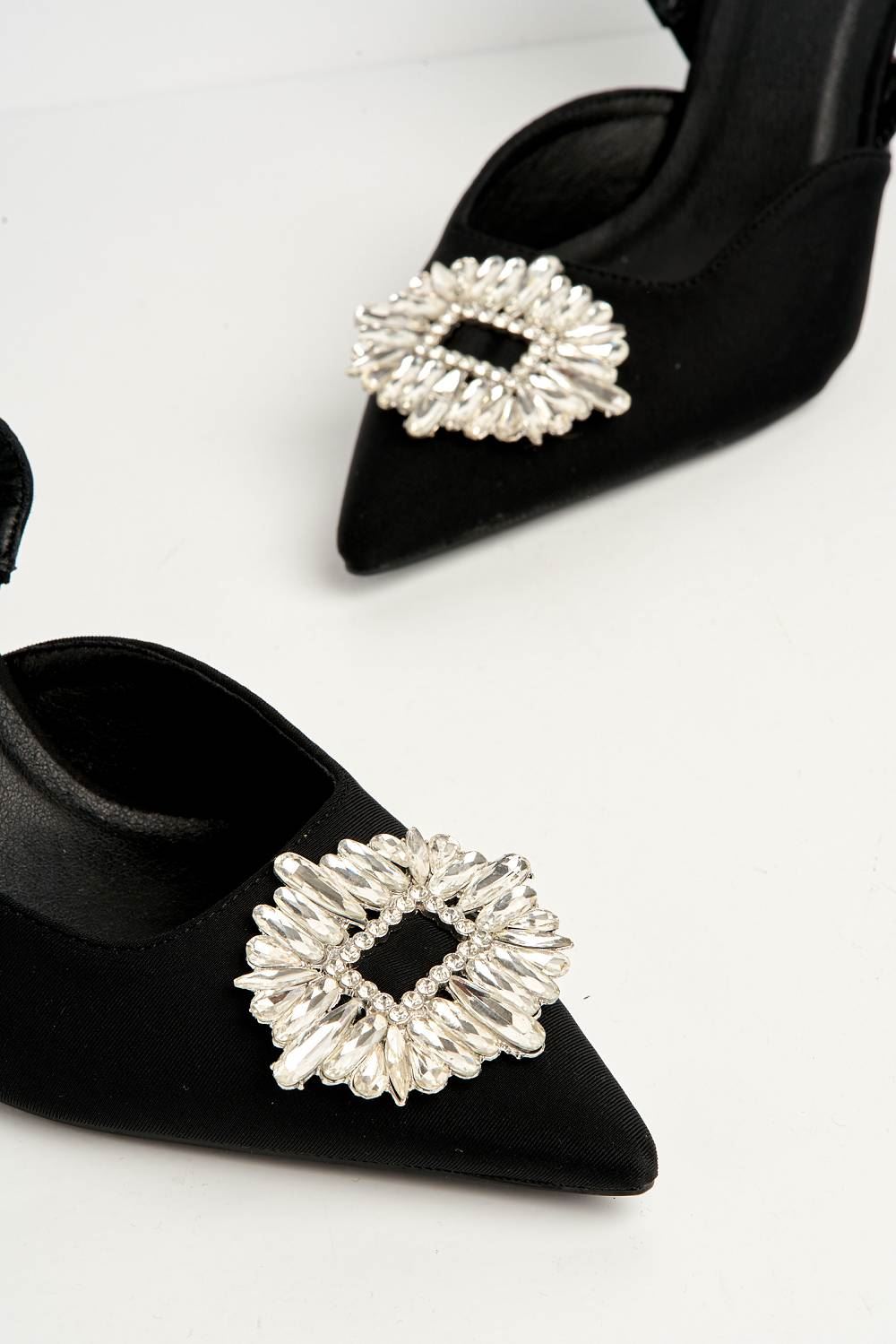 Amira Diamante Brooch Sling Back Court Shoes in Black Satin Heels Miss Diva