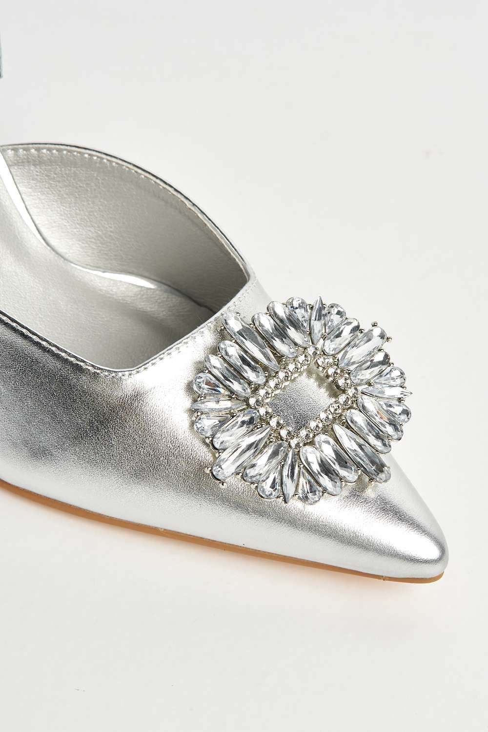 Miss Diva Amira Diamante Brooch Sling Back Court Shoes in Silver