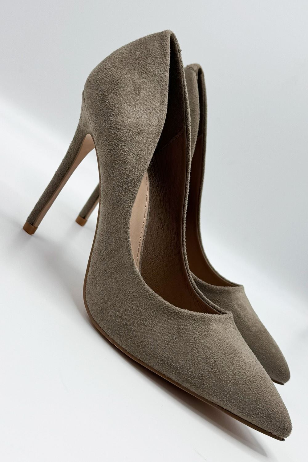 Mila High Stiletto Faux Suede Heel Court Shoe in Taupe