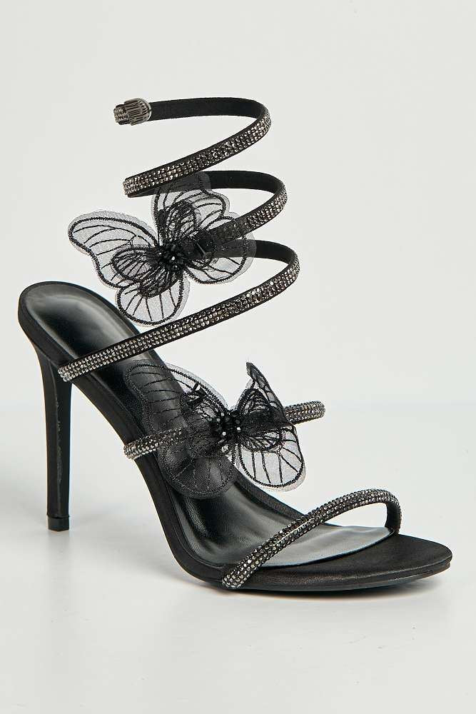 Miss Diva Black Loreli Flower Detail Diamante Heeled Sandals