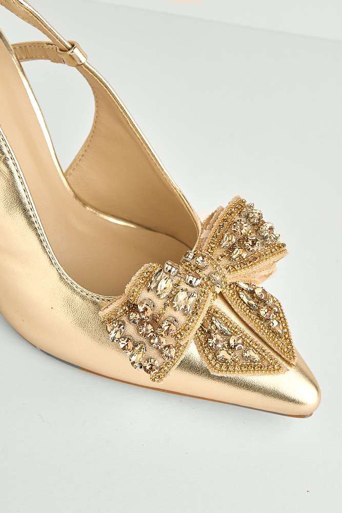 Celia Diamante Bow Pointed Toe Slingback Court Shoes in Gold