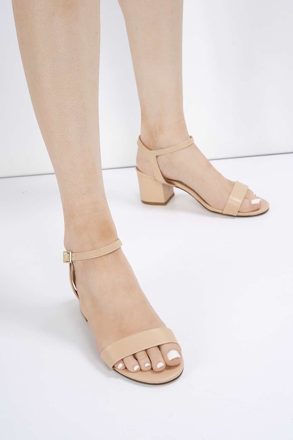 Flori Thick Anklestrap & Band Heeled Sandal in Nude PU Heels Miss Diva