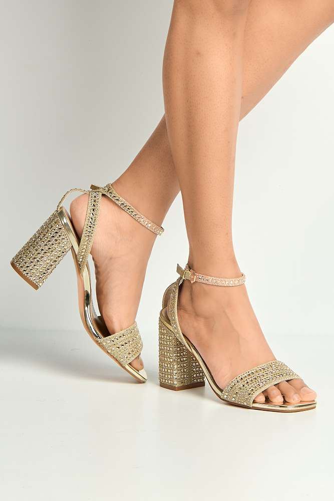 Miss Diva Gold Rinesa Gemstone Encrusted Block Heels