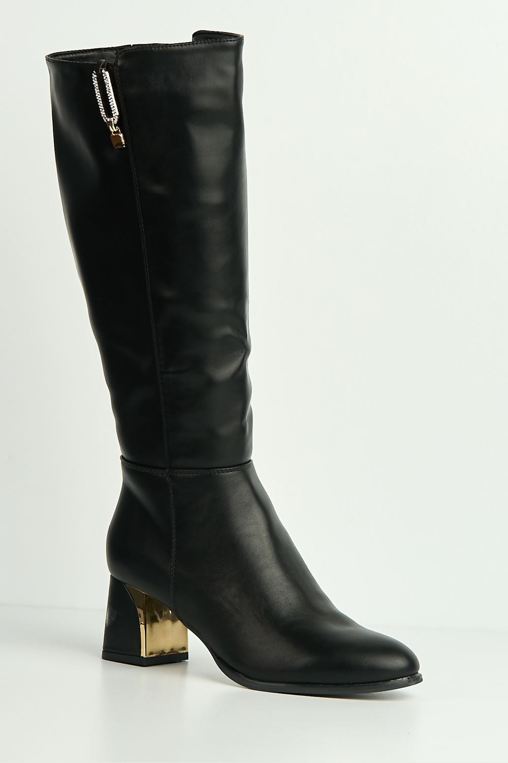 Vera Diamante Detail Gold Trim Knee High Boots in Black