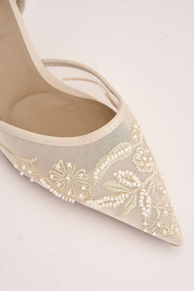 Romina Bead Embellished Mesh Slingback Court Shoes in Beige