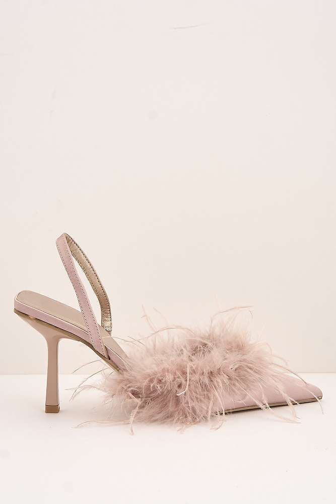 Aisla Pointed Toe Feather Slingback Court Shoes in Nude