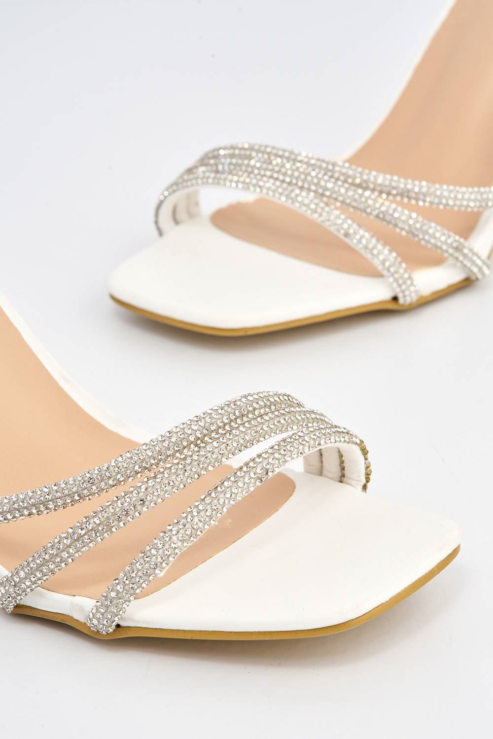 Miss Diva Camina Diamante Embellished 3 Strap Heeled Sandals in White