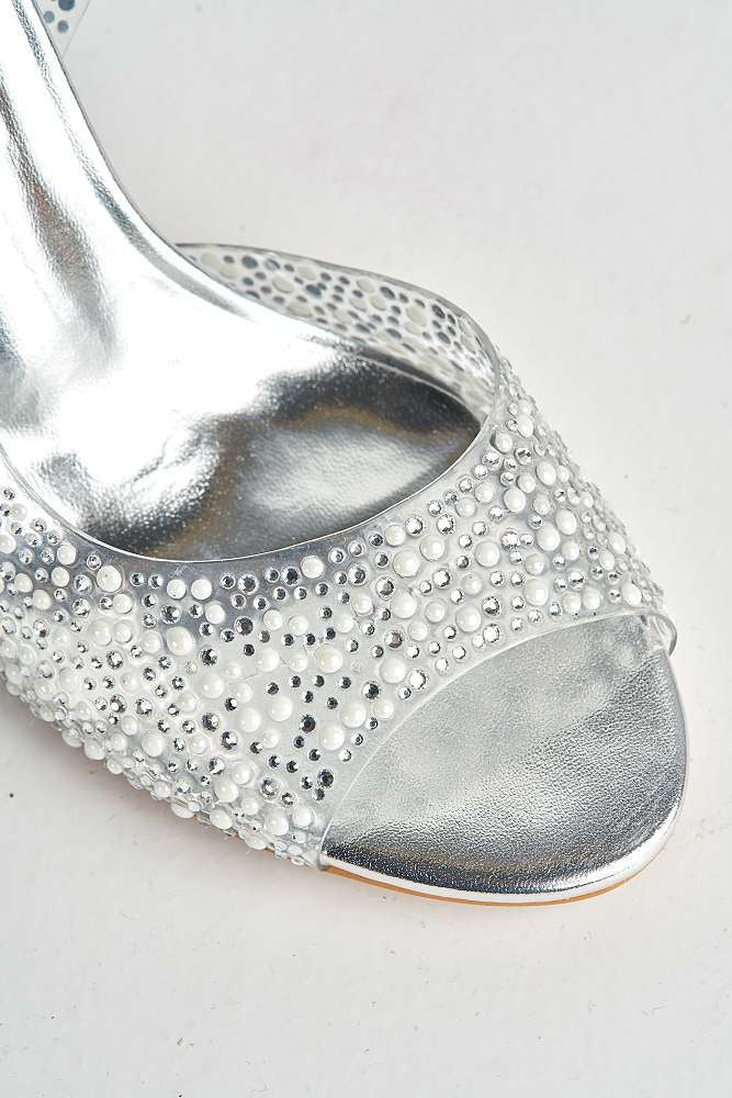 Miss Diva Silver Eliana Diamante & Pearl Encrusted Slingback Heeled Sandals