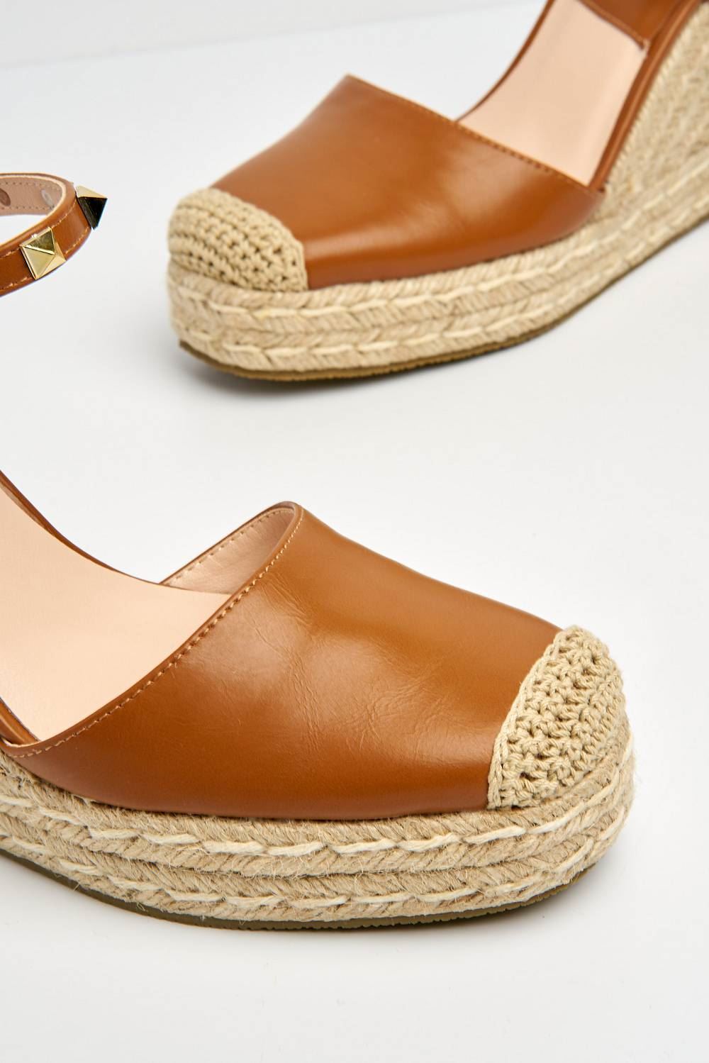Alala Round Toe Studded Anklestrap Espadrille Wedge in Tan Heels Miss Diva