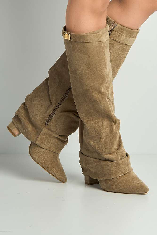 Miss iva Taupe Izel Block Heel Pointy Toe Gold Boots