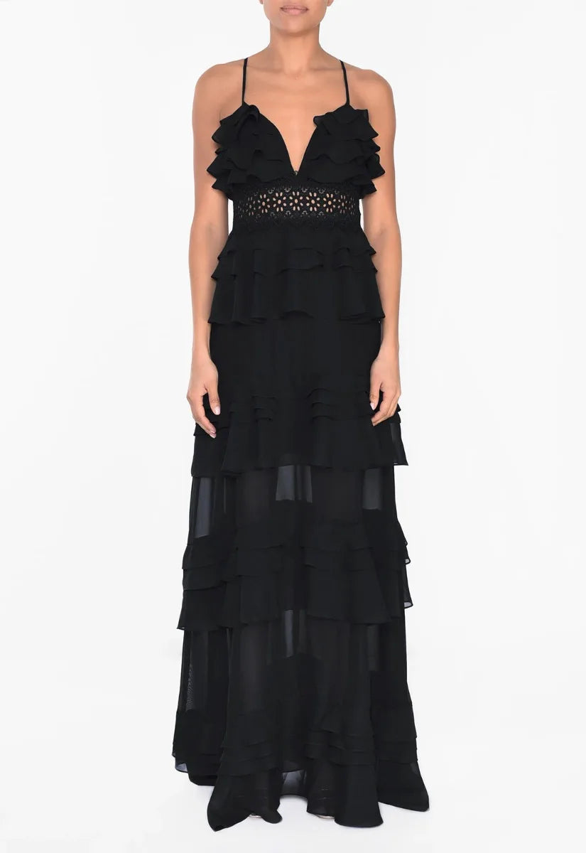 True Decadence Black Tiered Ruffle Maxi Dress