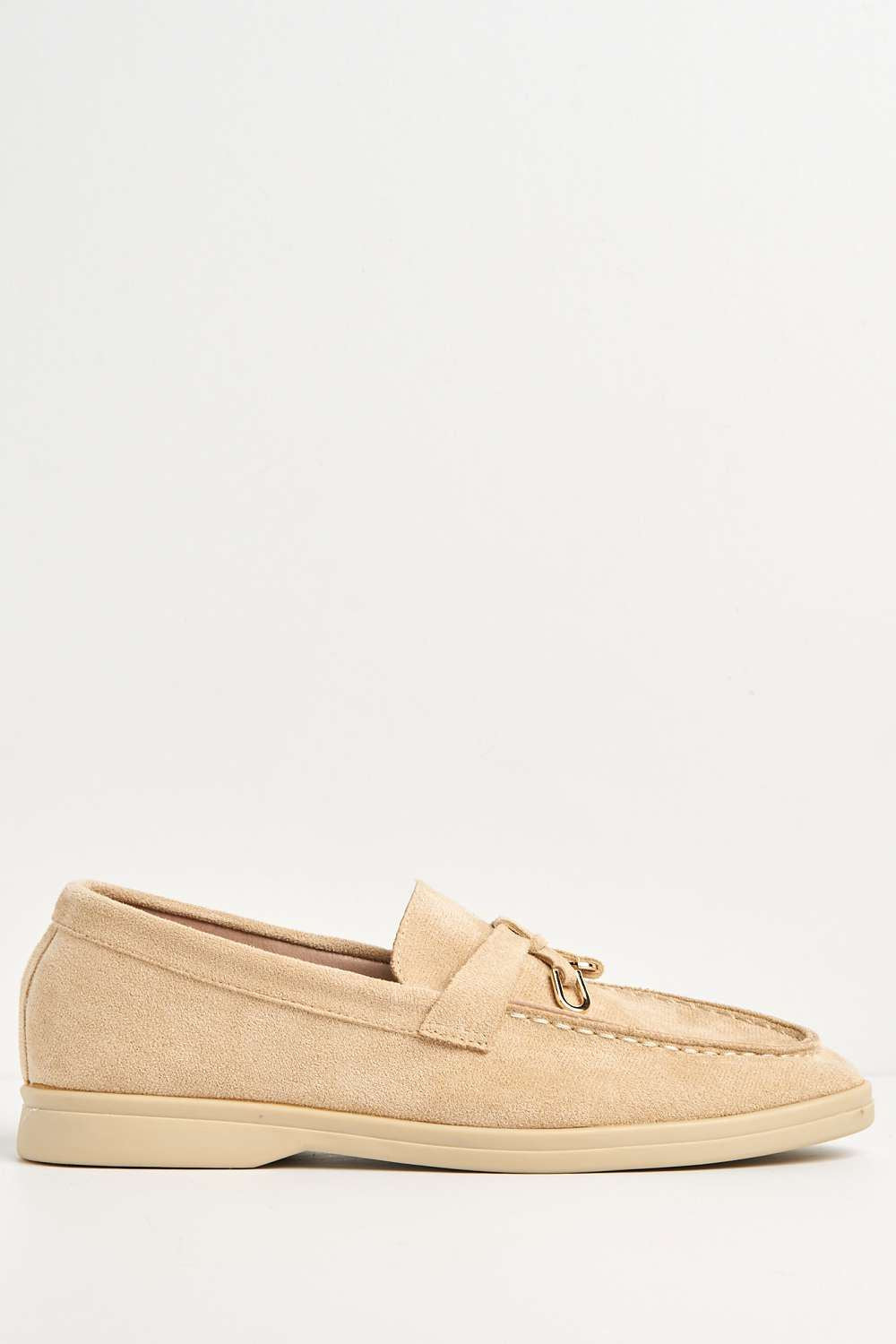 Miss Diva Tonya Charm Detail Slip-On Faux Suede Loafers in Beige