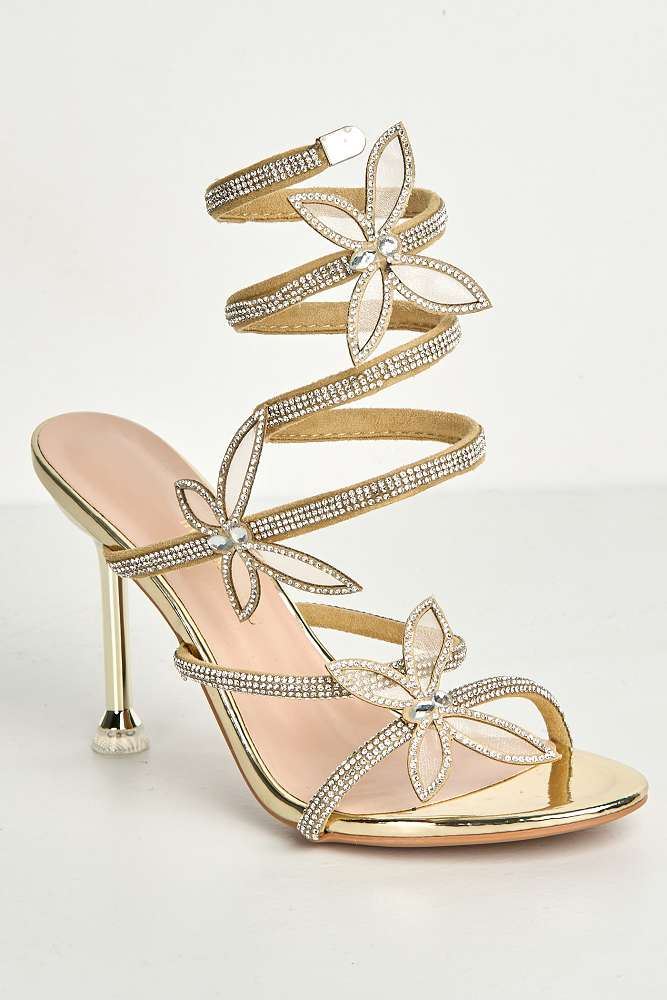 Miss Diva Gold Toki Butterfly Detail Diamante Heels