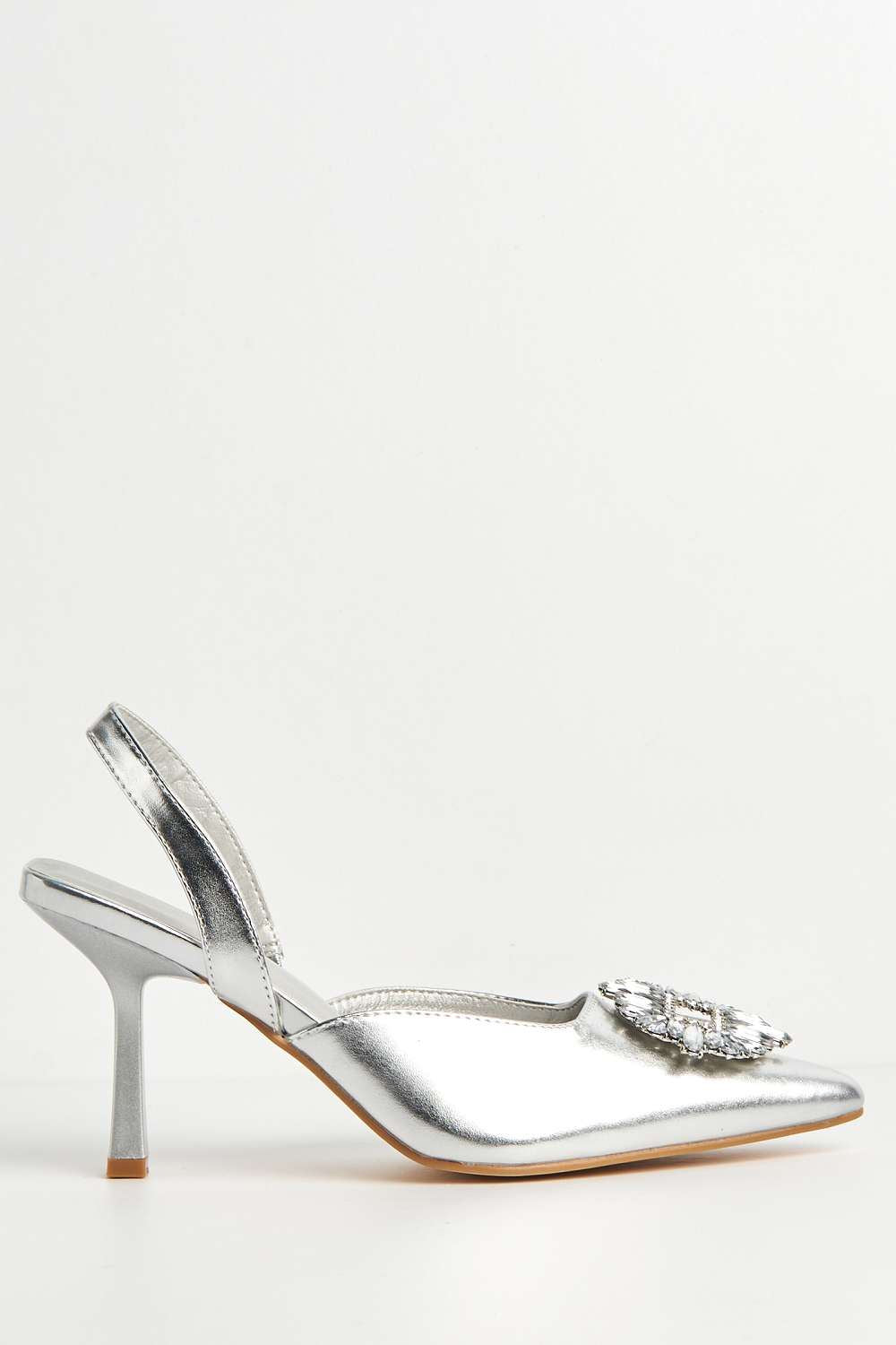 Miss Diva Amira Diamante Brooch Sling Back Court Shoes in Silver