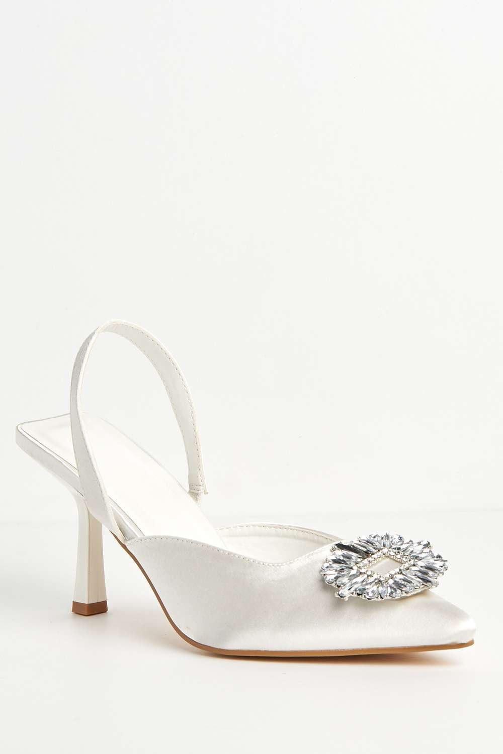 Miss Diva Amira Diamante Brooch Sling Back Court Shoes in Ivory Satin