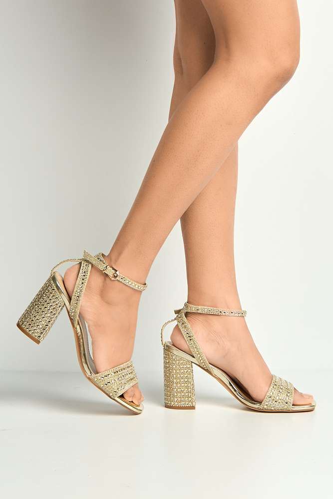 Miss Diva Gold Rinesa Gemstone Encrusted Block Heels