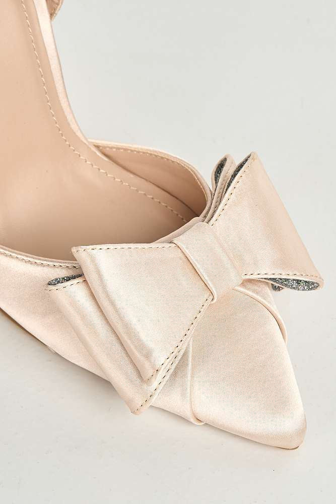 Salwa Pointy Toe Bow Slingback Court Shoes in Champange Satin