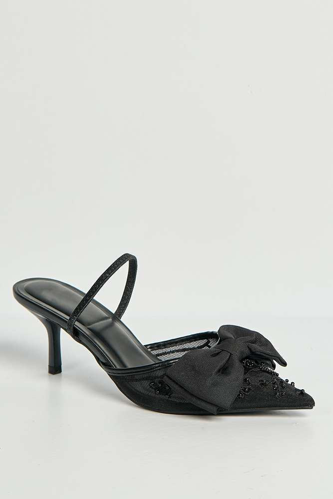Seren Embellished Mesh and Bow Slingback Court Shoes in Black