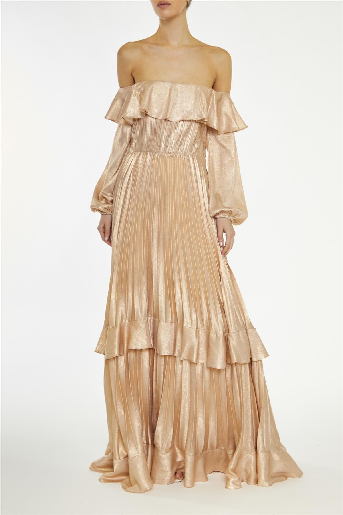 metallic copper dress True Decadence Metallic-Copper Adrianna Pleated Bardot Maxi-Dress
