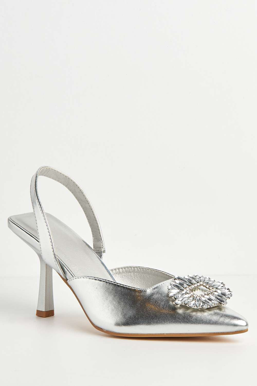 Miss Diva Amira Diamante Brooch Sling Back Court Shoes in Silver