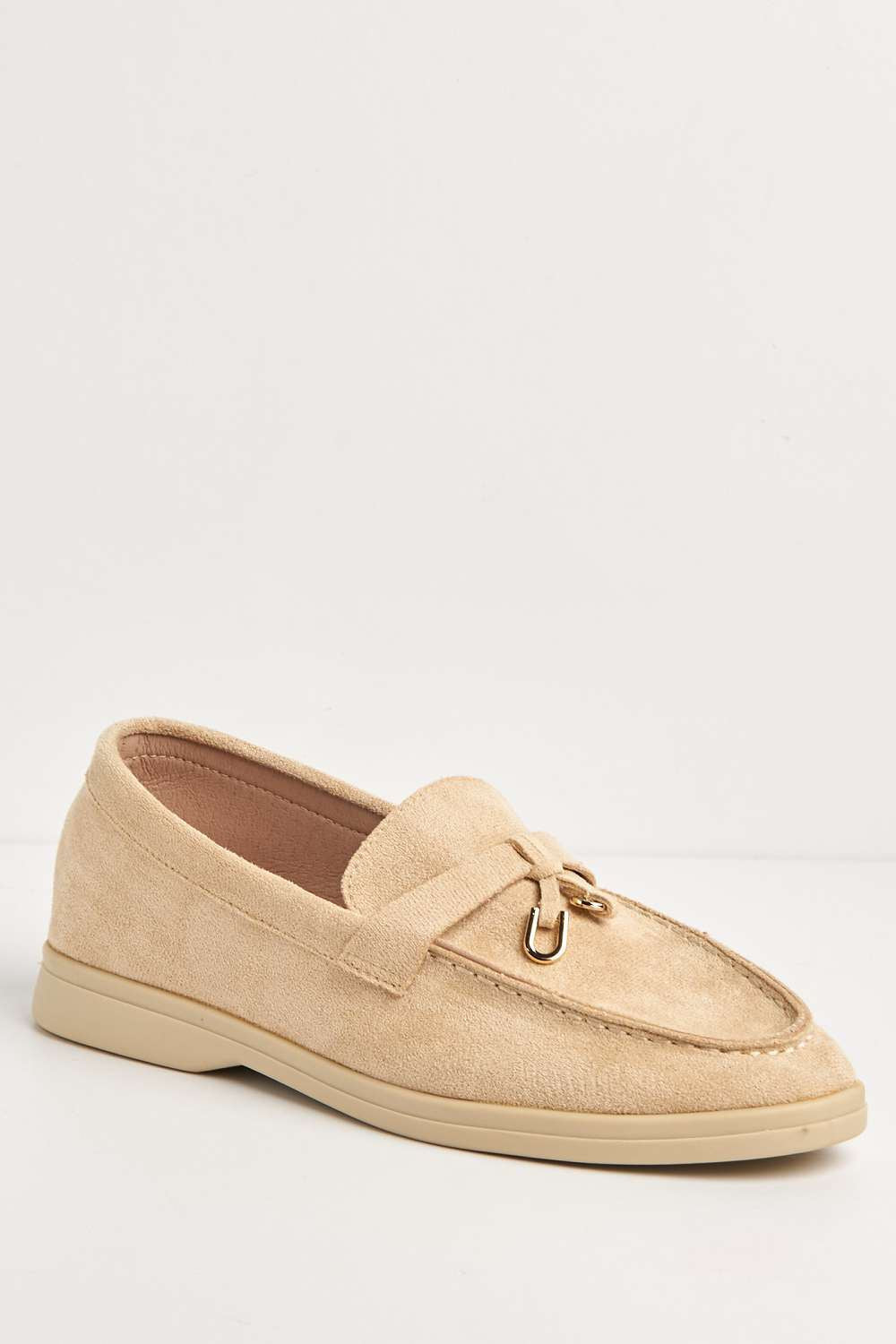 Miss Diva Tonya Charm Detail Slip-On Faux Suede Loafers in Beige