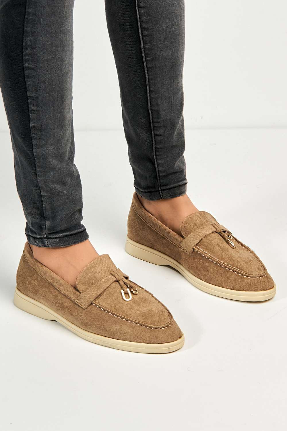 Miss Diva Taupe Tonya Charm Detail Slip-On Faux Suede Loafers