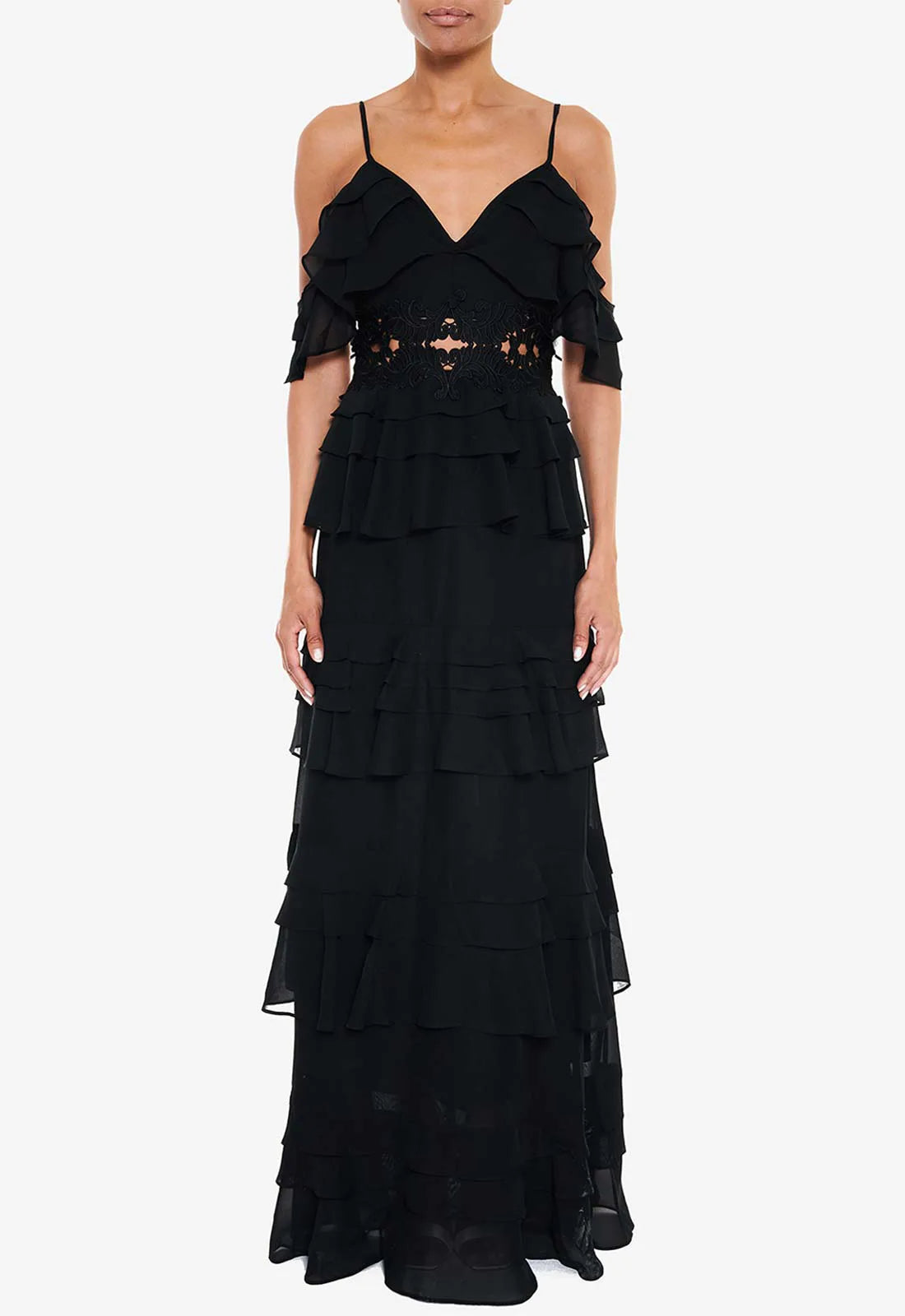 True Decadence Black Maxi Crochet Maxi Dress-110585