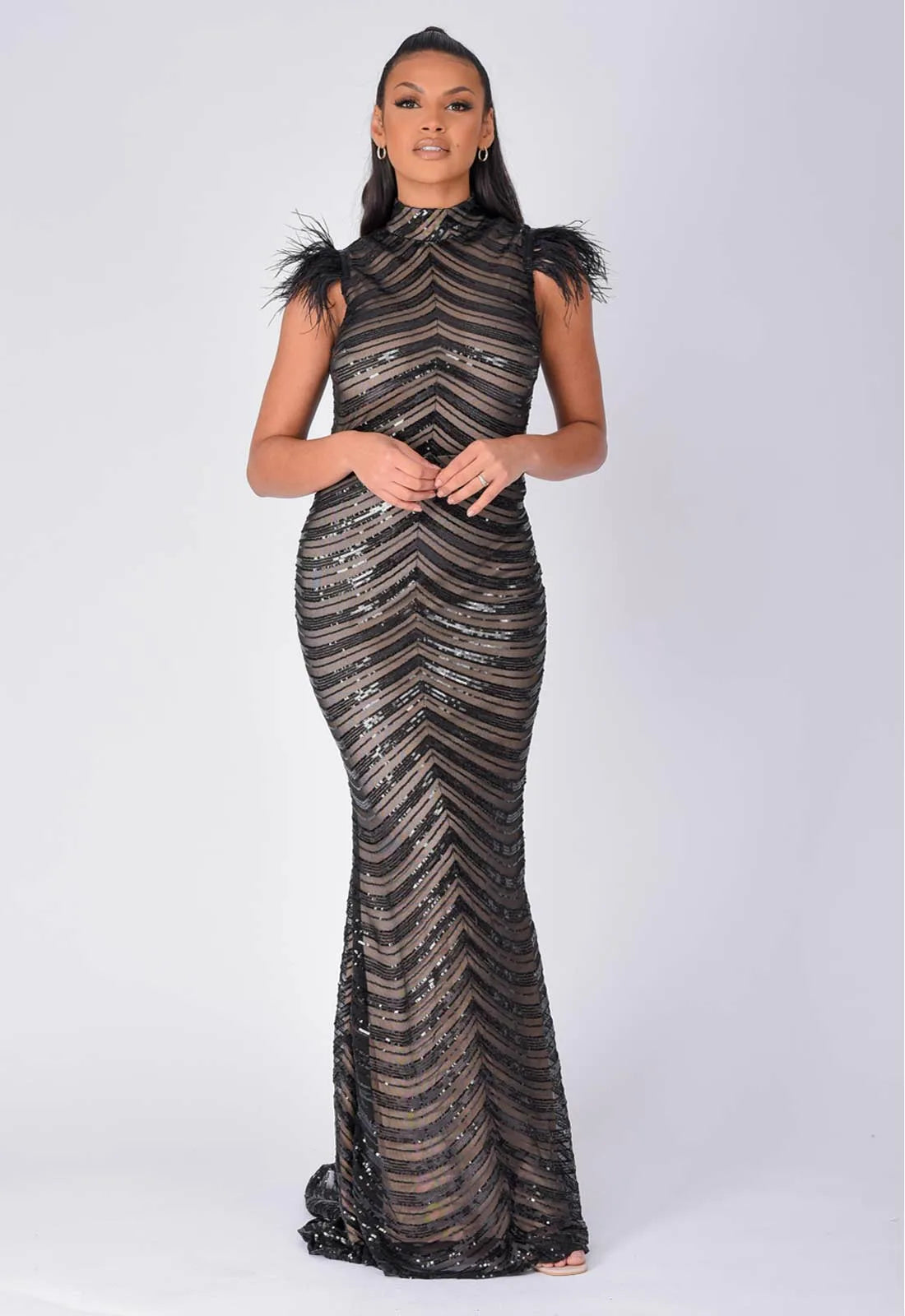 NAZZ Collection Black Power Feather Maxi Dress-0