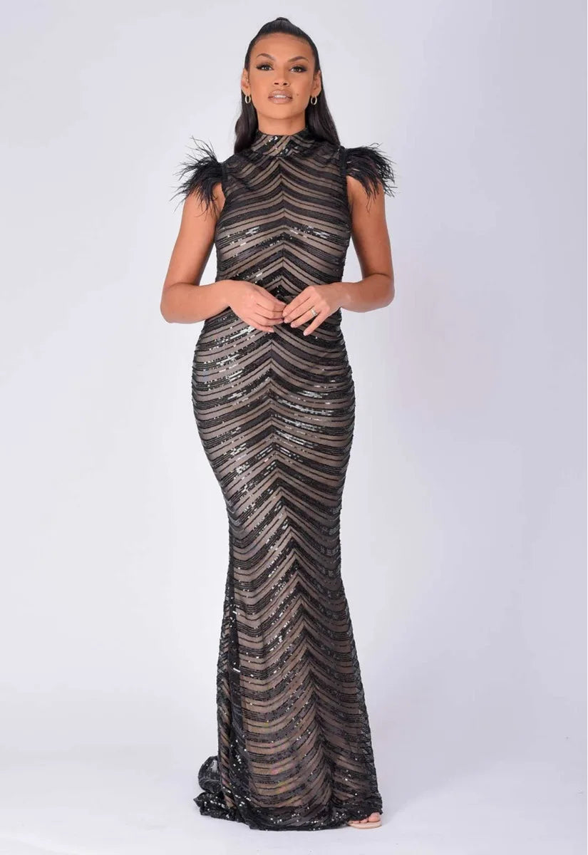 NAZZ Collection Black Power Feather Maxi Dress