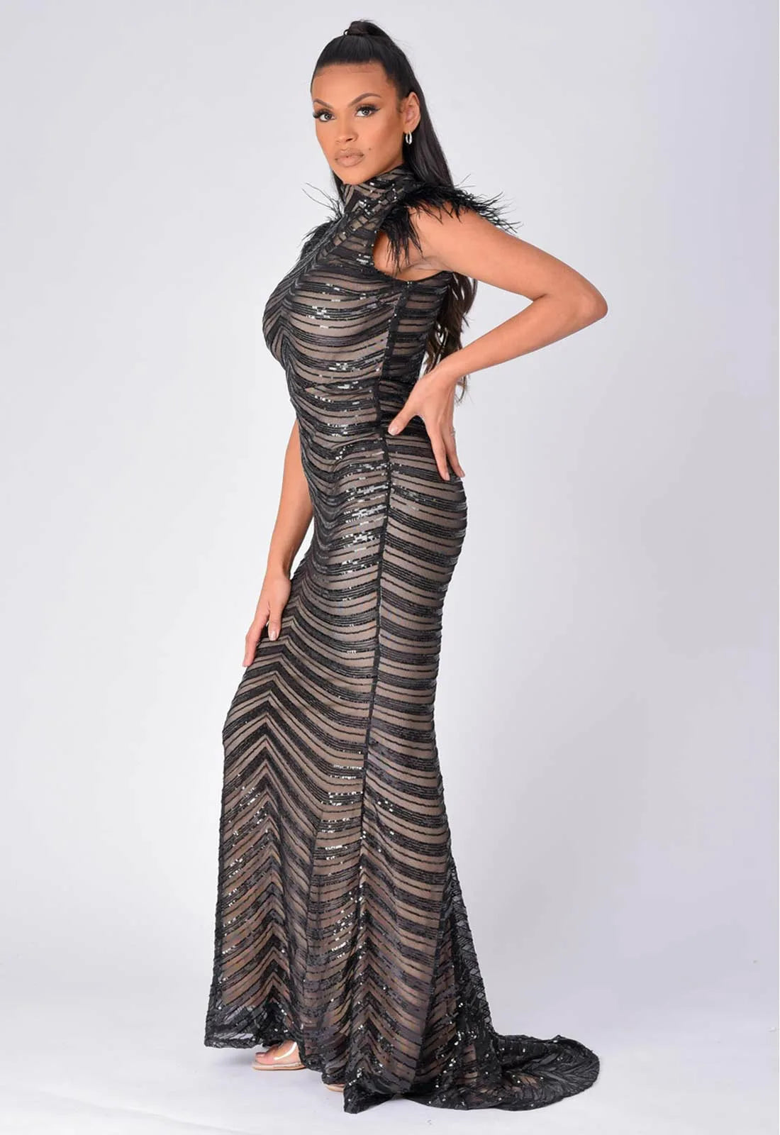 NAZZ Collection Black Power Feather Maxi Dress-92912