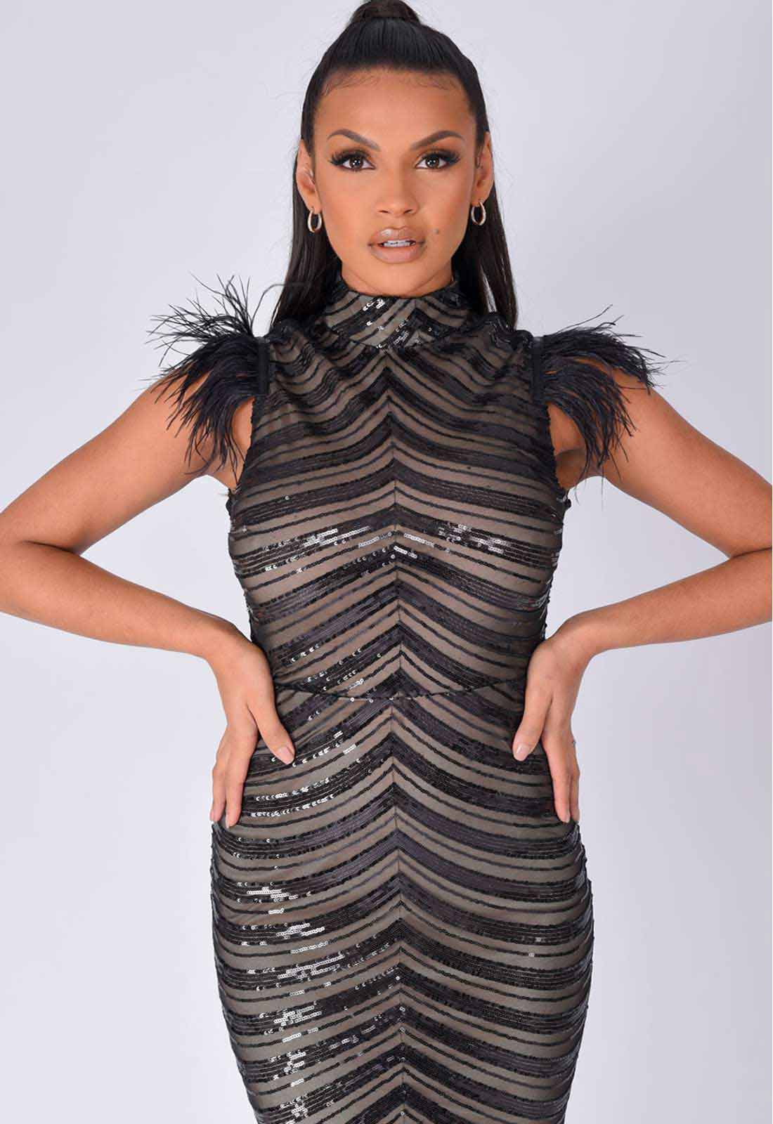 NAZZ Collection Black Power Feather Maxi Dress-92913