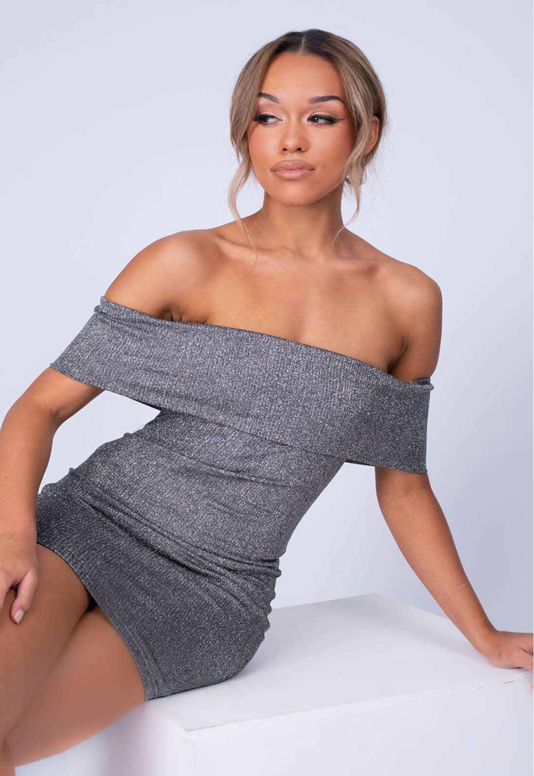 NAZZ Collection Silver Chelsea Bardot Cuff Bodycon Dress-95068