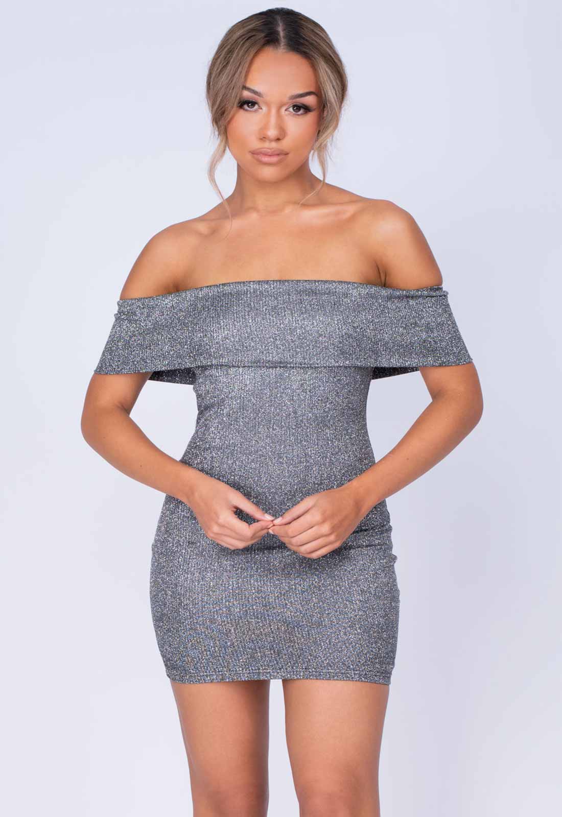 NAZZ Collection Silver Chelsea Bardot Cuff Bodycon Dress-95070