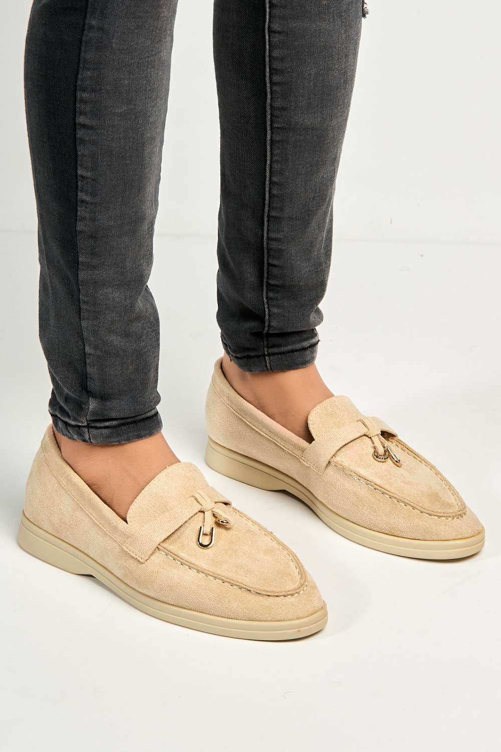 Miss Diva Tonya Charm Detail Slip-On Faux Suede Loafers in Beige